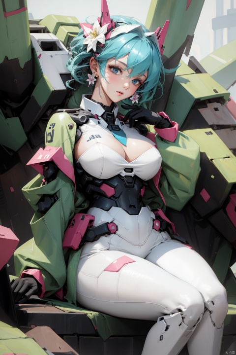  1girl,(flowers theme), (jewerly theme),looking at far,,(((white theme))),sitting ,EARRINGS,HAND BARCERT,NECK TIE,MECHA GIR,detaileddetailed background,big breasts,cleavage