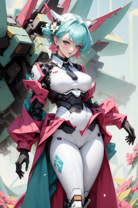  1girl,(flowers theme), (jewerly theme),looking at far,,(((white theme))),dance ,EARRINGS,HAND BARCERT,NECK TIE,MECHA GIR,detaileddetailed background,big breasts,ruins
