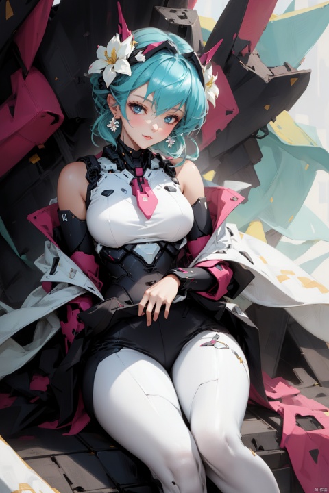  1girl,(flowers theme), (jewerly theme),looking at far,,(((white theme))),sitting ,EARRINGS,HAND BARCERT,NECK TIE,MECHA GIR,detaileddetailed background,big breasts,