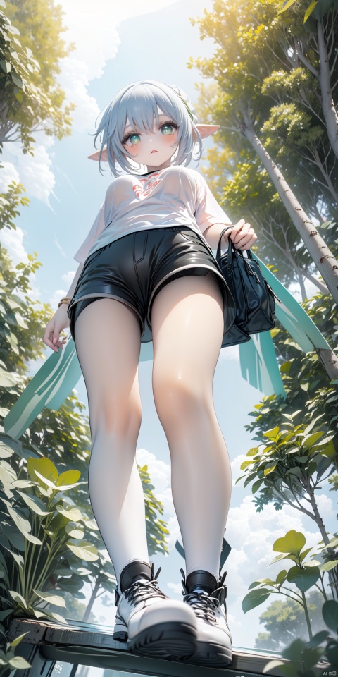  1 girl, short hair, bangs, elf ears, green eyes, standing, tight T-shirt, tight shorts, stockings, shoes, whole body, virgin forest, fallen leaves, shot from below.