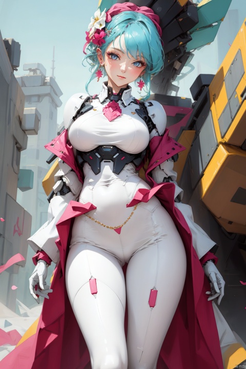  1girl,(flowers theme), (jewerly theme),looking at far,,(((white theme))),dance ,EARRINGS,HAND BARCERT,NECK TIE,MECHA GIR,detaileddetailed background,big breasts,citypace