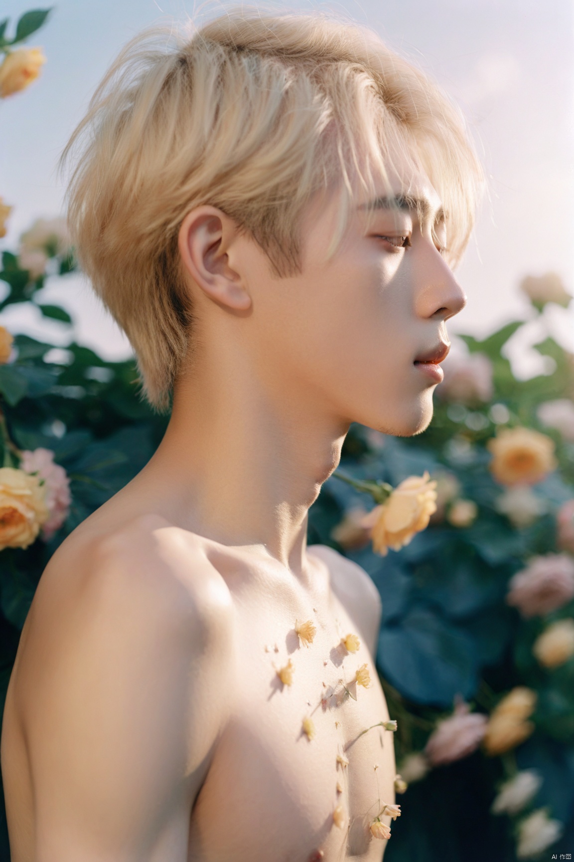 1boy,chinese boy,19 yo,blonde,floral decorations,detailed skin,sunshine,detailed,(lofi, analog, ),kodak film,gradient,by Jovana Rikalo,The background is blurry,
Gentle light,the upper part of the body,nude