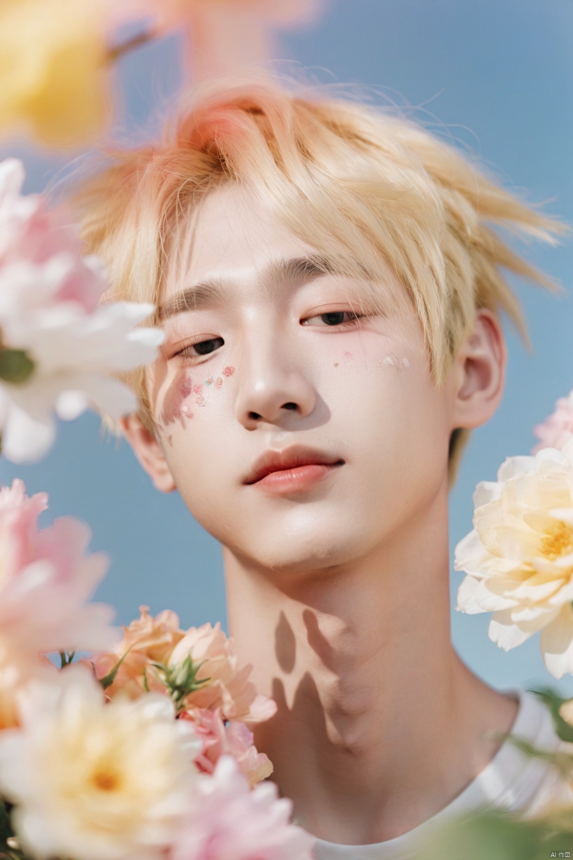 1boy,chinese boy,19 yo,blonde,floral decorations,detailed skin,sunshine,detailed,(lofi, analog, ),kodak film,gradient,by Jovana Rikalo,The background is blurry,
Gentle light,the upper part of the body,