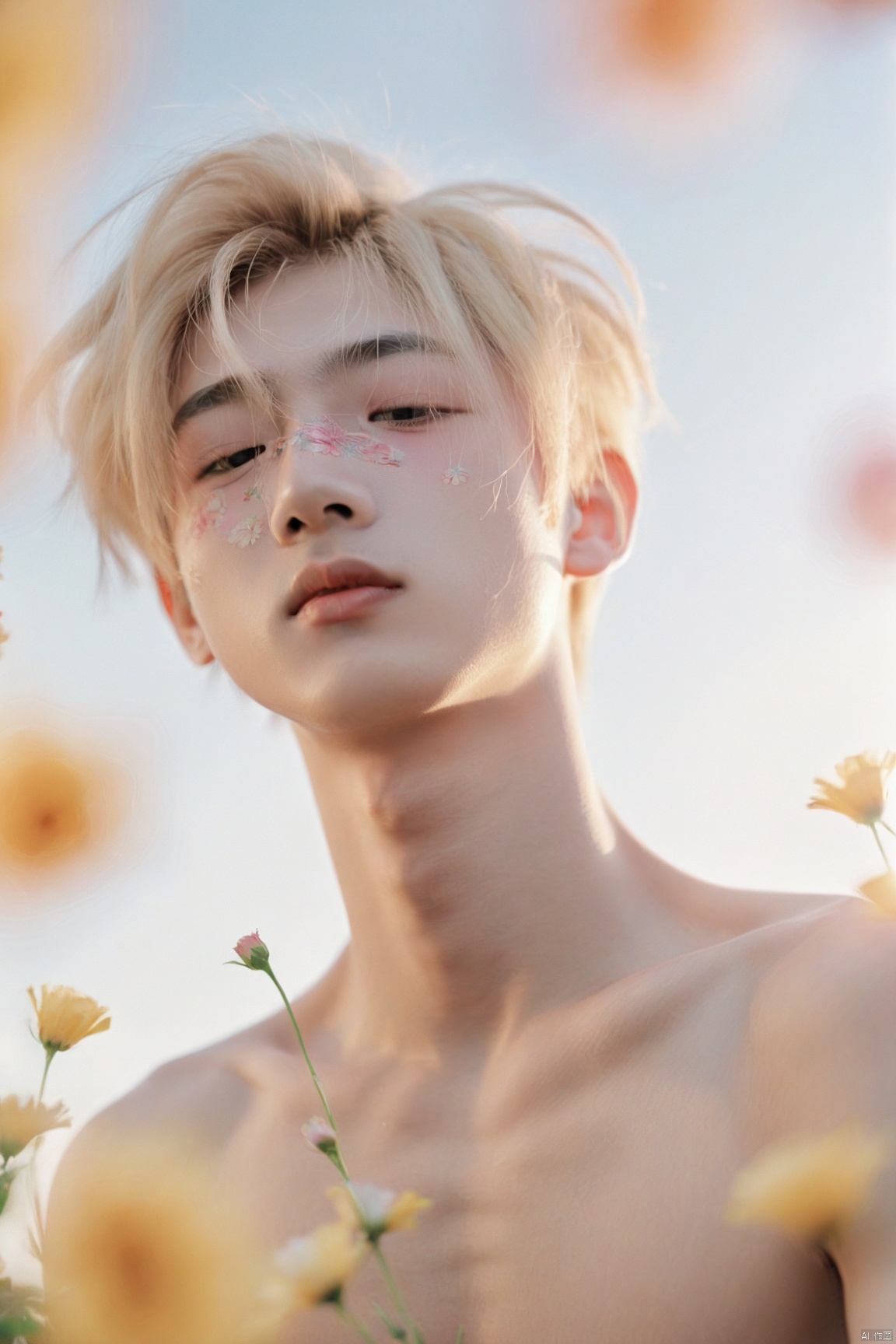 1boy,chinese boy,19 yo,blonde,floral decorations,detailed skin,sunshine,detailed,(lofi, analog, ),kodak film,gradient,by Jovana Rikalo,The background is blurry,
Gentle light,the upper part of the body,