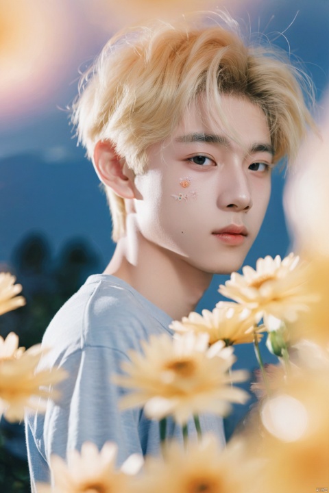 1boy,chinese boy,19 yo,blonde,floral decorations,detailed skin,sunshine,detailed,(lofi, analog, ),kodak film,gradient,by Jovana Rikalo,The background is blurry,
Gentle light,the upper part of the body,