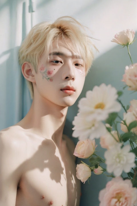 1boy,chinese boy,19 yo,blonde,floral decorations,detailed skin,sunshine,detailed,(lofi, analog, ),kodak film,gradient,by Jovana Rikalo,The background is blurry,
Gentle light,the upper part of the body,nude