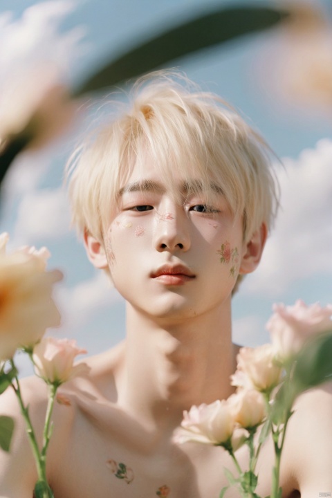 1boy,chinese boy,19 yo,blonde,floral decorations,detailed skin,sunshine,detailed,(lofi, analog, ),kodak film,gradient,by Jovana Rikalo,The background is blurry,
Gentle light,the upper part of the body,nude