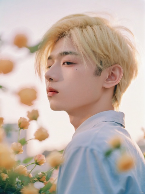 1boy,chinese boy,19 yo,blonde,floral decorations,detailed skin,sunshine,detailed,(lofi, analog, ),kodak film,gradient,by Jovana Rikalo,The background is blurry,
Gentle light,the upper part of the body,