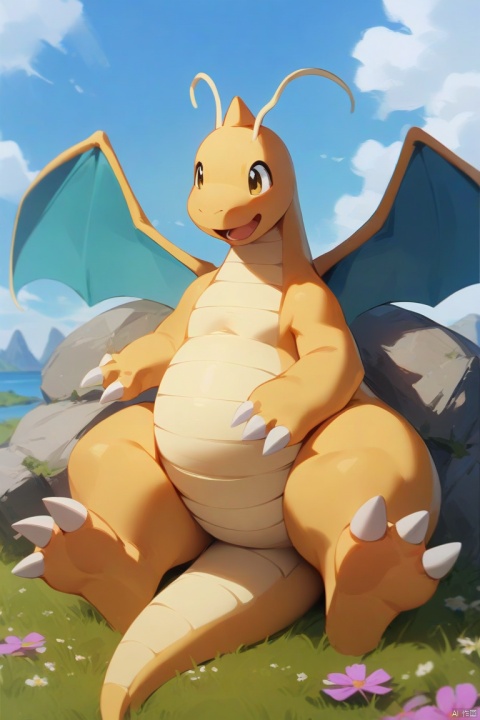 masterpiece,best quality,dragonite,The striped belly is cream-colored,,happy,small nostrils,outdoor,open mouth ,orange body,Sitting on the tail,(3 toes:1.3),,looking up,Dragonite,flowers,