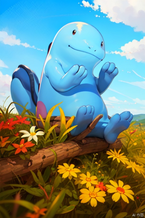  masterpiece,best quality,Quagsire,smooth,Punctate eyes,blue body,smile,full body,sitting,hand up
,pokemon \(creature\),no humans,three-toes,Thick tail
