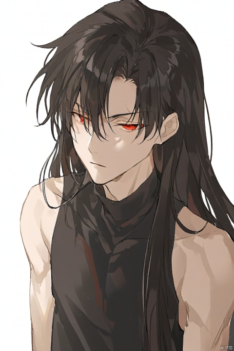 solo, long hair, looking at viewer, simple background, shirt, black hair, red eyes, 1boy, white background, bare shoulders, closed mouth, male focus, sleeveless, black shirt, sleeveless shirt, turtleneck, frown, covered collarbone