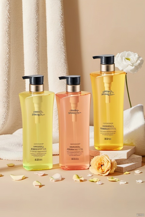  Three bottles of shower gel, the left one is placed on the background, the middle one is placed on the background, and the right one is placed on a beige marble surface. The scene is decorated with some flowers and petals. The background color blends beige and warm tones, creating a simple atmosphere. This scene showcases luxurious beauty products that perfectly blend with natural elements, creating a sense of tranquility in simplicity