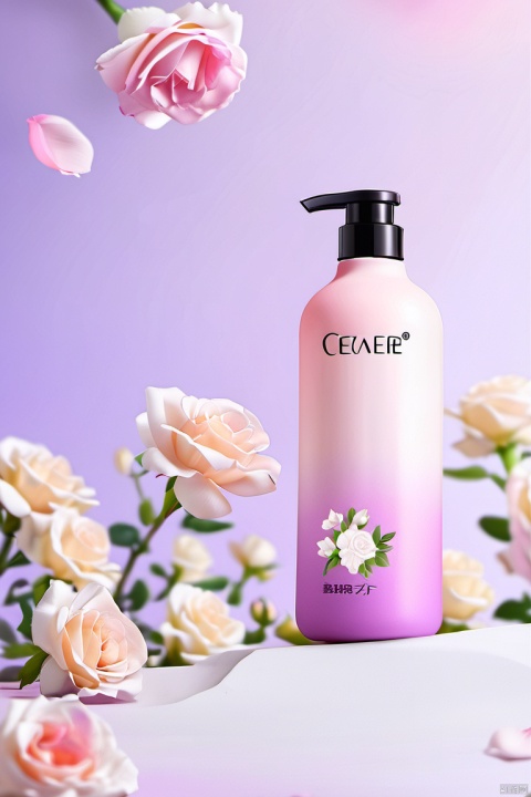  xihuwen, (light pink and purple gradient bottle, purple theme, slight elevated angle, many small flowers of different colors, (falling flowers: 1.2), front view, many small flowers, pink petals, white roses, bright background, gradient background, 8k