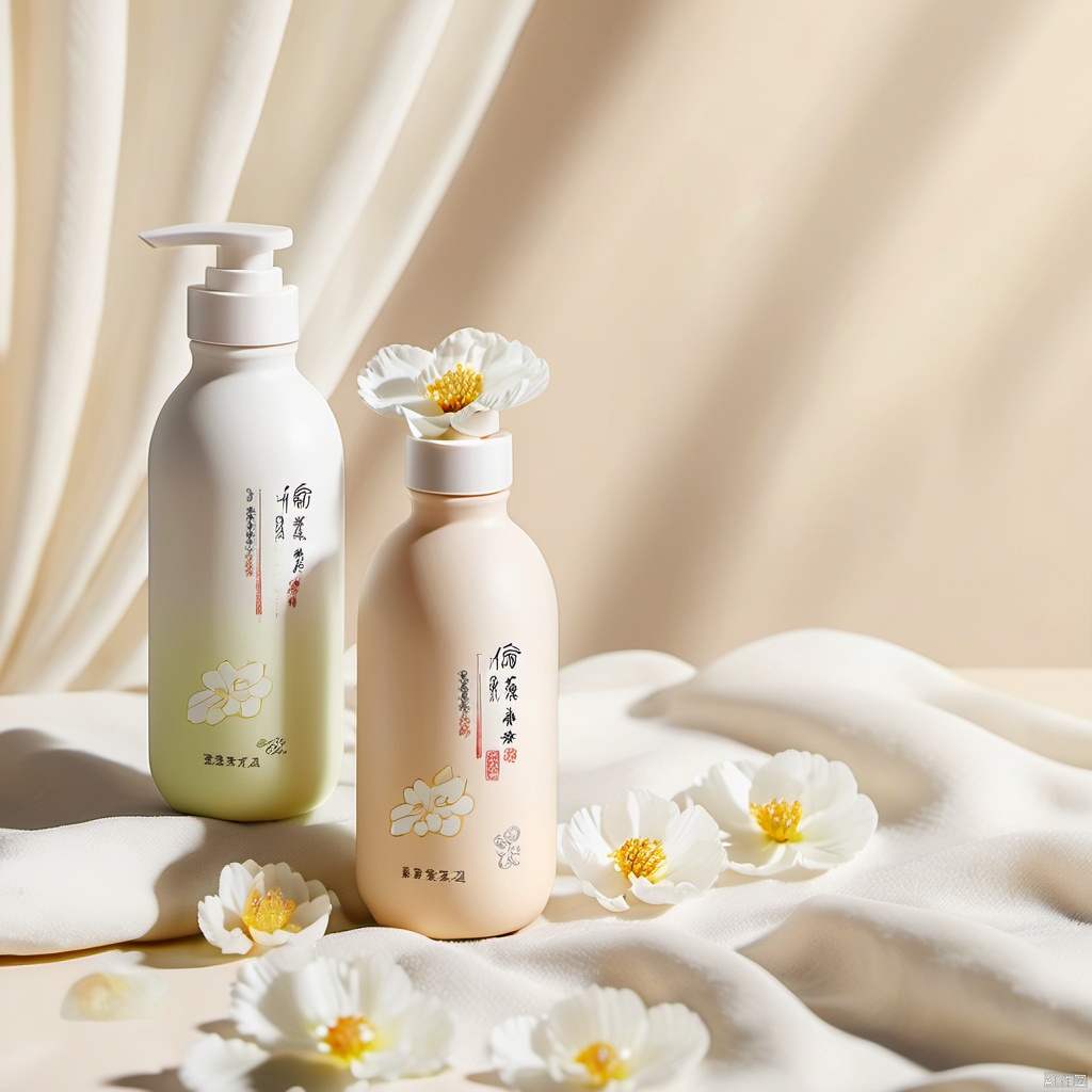  xihuwen, Beige bottle, left dimming and right dimming (1.3), numerous white flowers, slightly overhead angle, curtain background, petals, e-commerce photography, high-definition, gradient background, strongly contrasting light and shadow, RAW photo, depth of field, ambient light