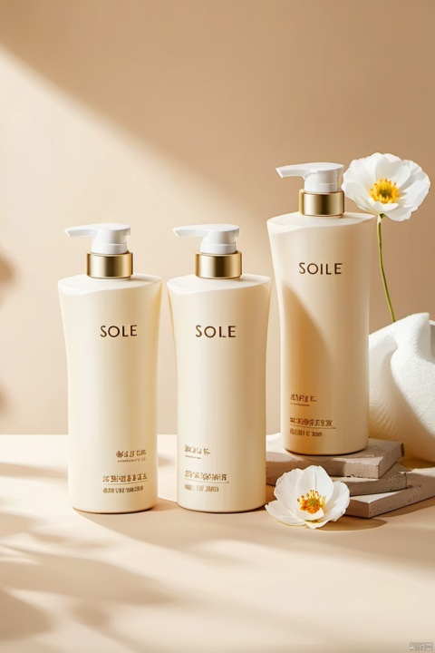 There is a white pump dispenser at the top of the bottle, surrounded by off white flowers on a beige background. The word "SOILE" can be clearly seen on the label of the bottle.

-High quality photos capture the details of the scene.
-The soft focus effect applied to certain parts of an image.
-Warm colors dominate the overall aesthetic.
Natural light casts shadows on the surface of the fabric, increasing the depth of the composition.
-The center position of the bottle serves as the focal point.
-Flowers are symmetrically arranged around the bottle to enhance balance.
-The background evenly fills the space without overwhelming individual objects or distracting the focus of the theme (bottles and flowers).
-Create a calm and tranquil atmosphere through the selection of lighting and colors.
-Minimalism emphasizes simplicity and elegance.
-The theme inspired by nature complements the beauty of the exhibited products.
