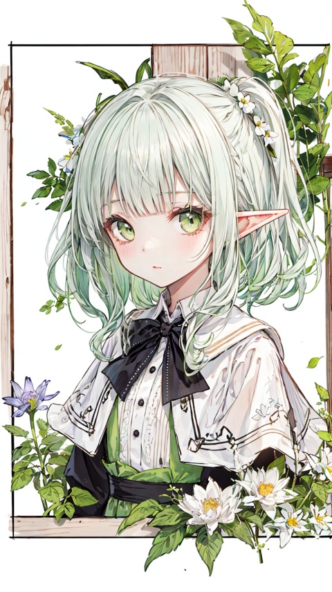  [(white background:1.4)::4], solo, traditional media, sketch, (wooden border:1.32),
solo, 1girl, elf, (chibi:1.3),
green eyes, (white hair), long hair, (blunt bangs), floating hair, green gradient hair,
frilled shirt, black bowtie, long sleeves, white capelet,
upper body, (cropped torso),
looking at viewer, expressionless,
white background, fantasy, aster, garden, green leaves, fflogo