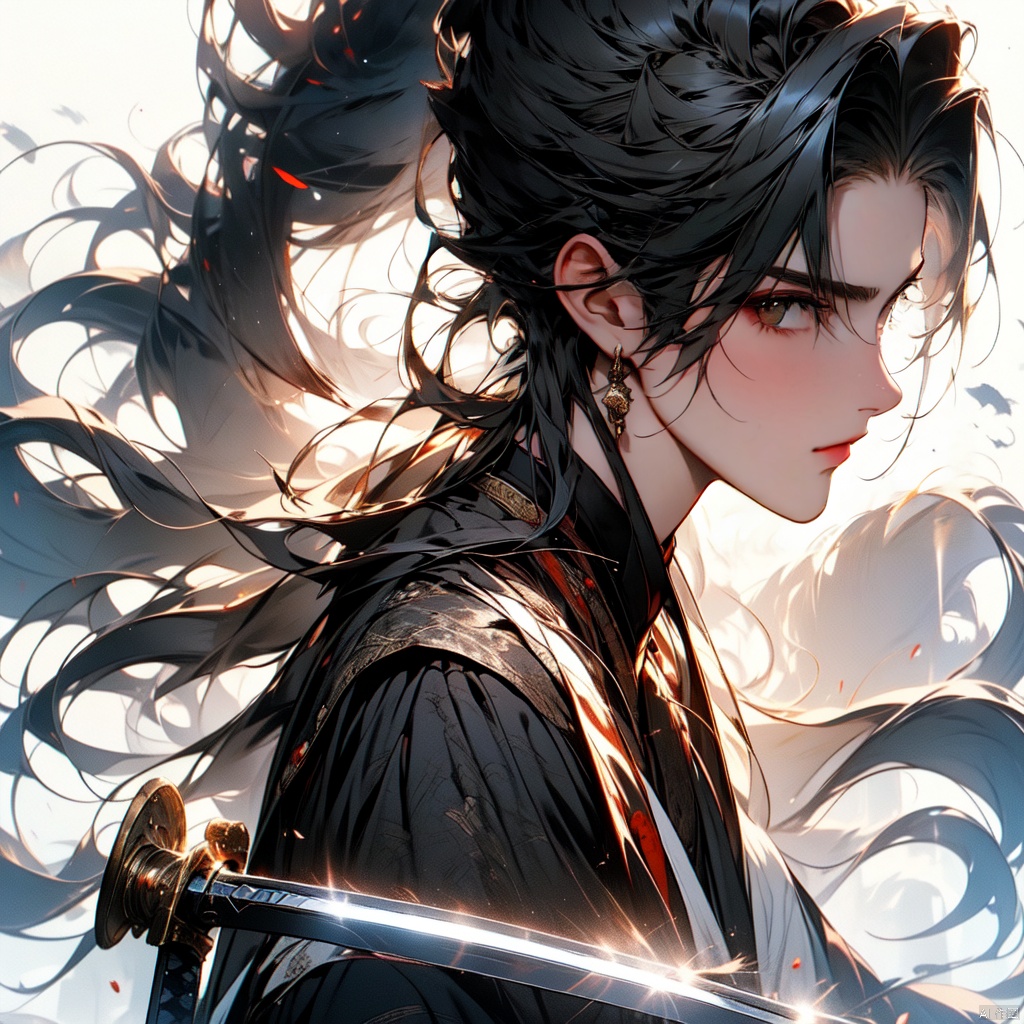 solo, long hair, looking at viewer, simple background, black hair, 1boy, white background, holding, very long hair, upper body, ponytail, weapon, male focus, sword, holding weapon, holding sword, katana, midjourney portrait