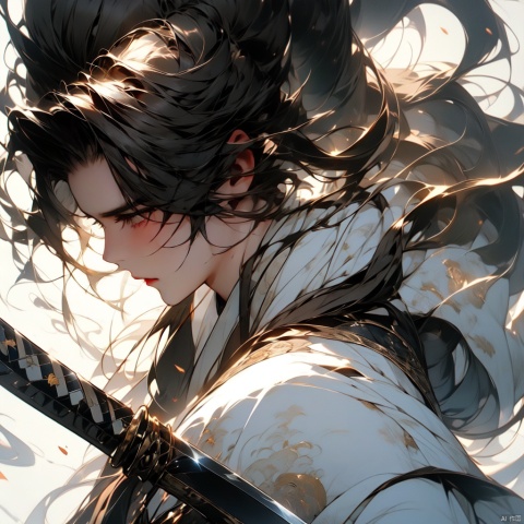 solo, long hair, looking at viewer, simple background, black hair, 1boy, white background, holding, very long hair, upper body, ponytail, weapon, male focus, sword, holding weapon, holding sword, katana