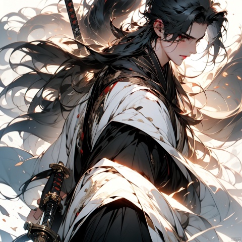 solo, long hair, looking at viewer, simple background, black hair, 1boy, white background, holding, very long hair, upper body, ponytail, weapon, male focus, sword, holding weapon, holding sword, katana, midjourney portrait