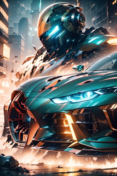  A super sports car, the front of which is facing the camera, has luminous headlights, multi-light sports car, luminous sports car, behind which there is a huge mecha, robot, multi-light mecha, luminous mecha, best quality, masterpiece, 8k, unreal 5 engine rendering.