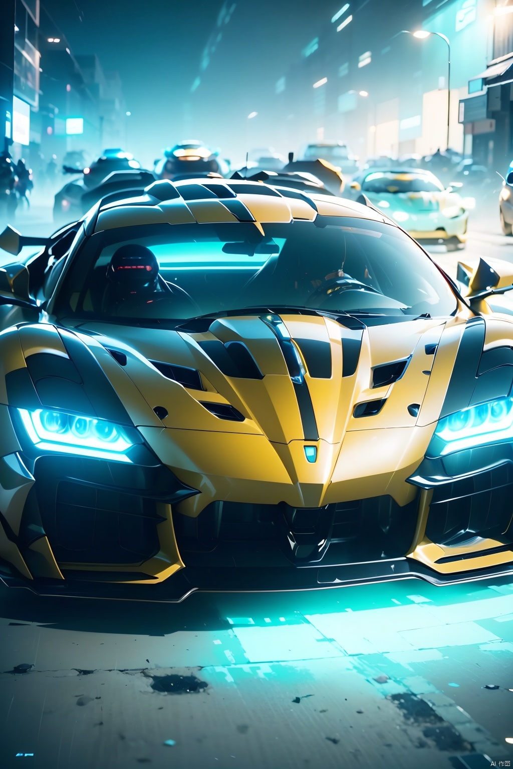  A super sports car, the front of which is facing the camera, has luminous headlights, multi-light sports car, luminous sports car, behind which there is a huge mecha, robot, multi-light mecha, luminous mecha, best quality, masterpiece, 8k, unreal 5 engine rendering.