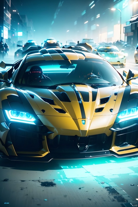  A super sports car, the front of which is facing the camera, has luminous headlights, multi-light sports car, luminous sports car, behind which there is a huge mecha, robot, multi-light mecha, luminous mecha, best quality, masterpiece, 8k, unreal 5 engine rendering.