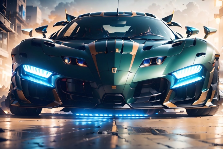  A super sports car, the front of which is facing the camera, has luminous headlights, multi-light sports car, luminous sports car, behind which there is a huge mecha, robot, multi-light mecha, luminous mecha, best quality, masterpiece, 8k, unreal 5 engine rendering.