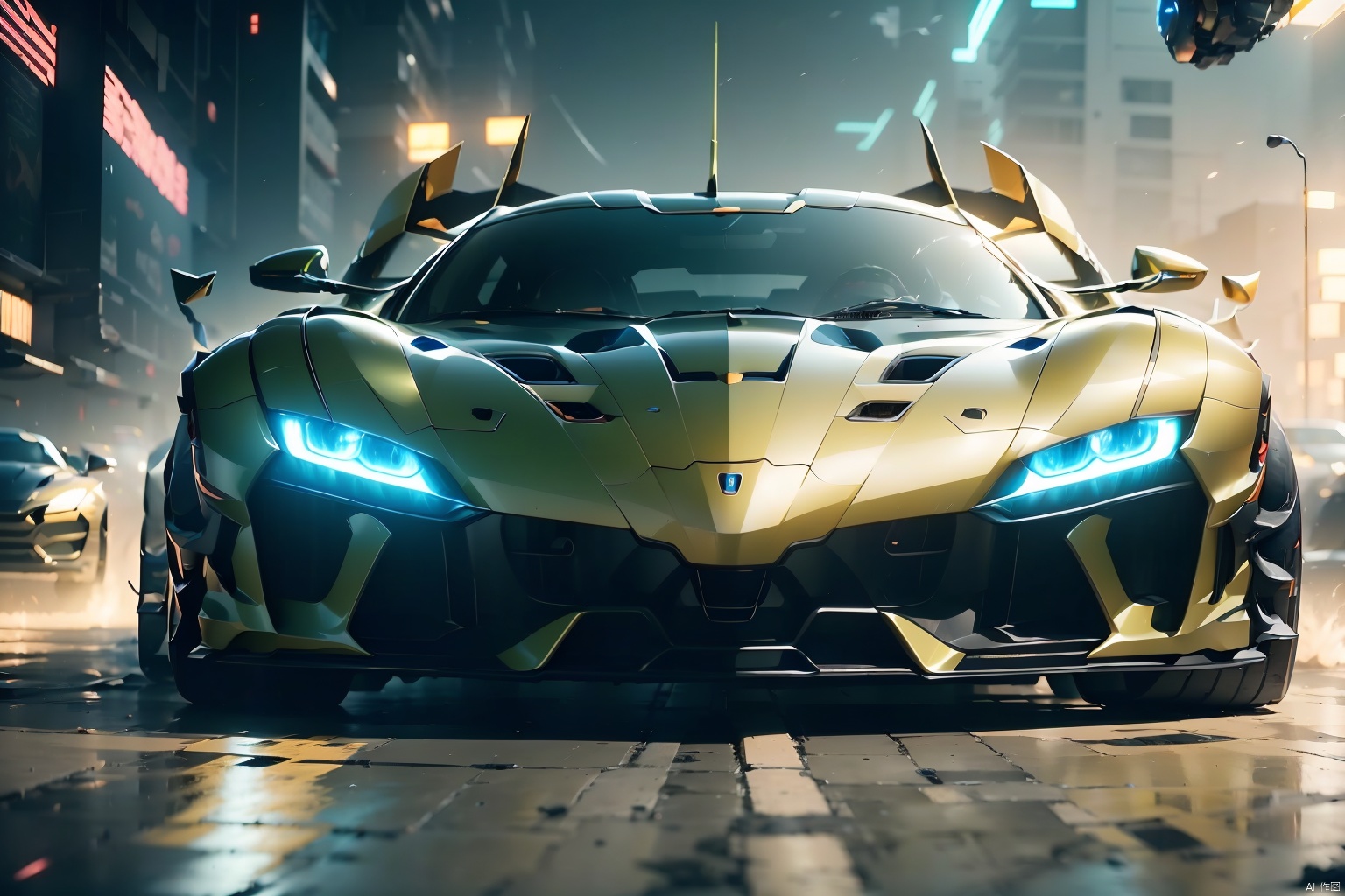  A super sports car, the front of which is facing the camera, has luminous headlights, multi-light sports car, luminous sports car, behind which there is a huge mecha, robot, multi-light mecha, luminous mecha, best quality, masterpiece, 8k, unreal 5 engine rendering.