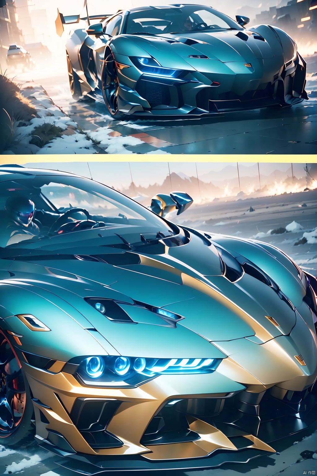  A super sports car, the front of which is facing the camera, has luminous headlights, multi-light sports car, luminous sports car, behind which there is a huge mecha, robot, multi-light mecha, luminous mecha, best quality, masterpiece, 8k, unreal 5 engine rendering.