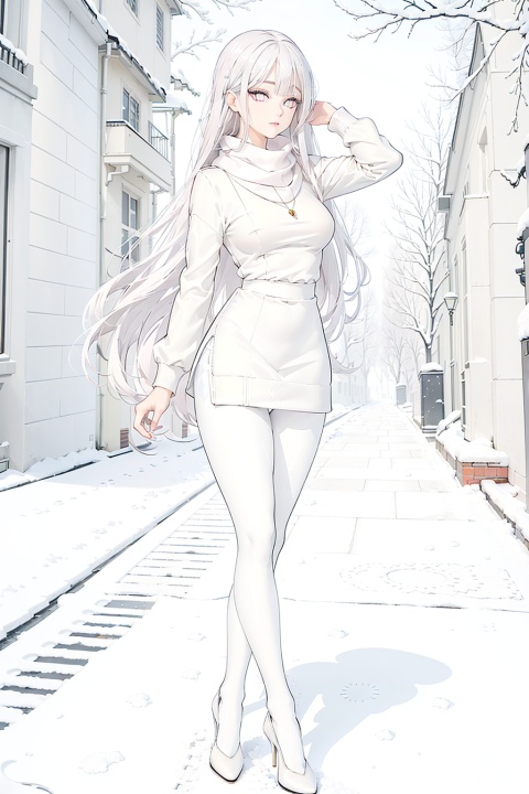  Winter, snow, beautiful youth girl, pantyhose, random colors, long sweater, scarf, depth of field, real light, ray tracing, OC renderer, UE5 renderer, super realistic, best quality, 8K, master works, ultra fine, detailed, correct human body structure, walking,black pantyhose,

1girl\((bishoujo), ((pure silver hair:1.3), (silver eyes:1.8)), (small breast:1.2), (straight_hair:1.4), long_hair, (very_long_hair:1.5), anime_hair, slim, (hairless:1.2), long legs, sharp_eyelid, eyeliner, eyelashes, eyeshadow, (perfect detailed face), (pink lipgloss:1.3), (perfect hands)\),

(high-heeled shoes:1.5), (white pantyhose:1.5),
(expression:1.0), (dynamic_pose:1.5),