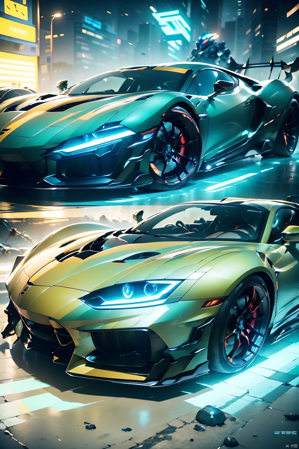  A super sports car, the front of which is facing the camera, has luminous headlights, multi-light sports car, luminous sports car, behind which there is a huge mecha, robot, multi-light mecha, luminous mecha, best quality, masterpiece, 8k, unreal 5 engine rendering.