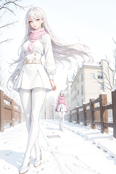  Winter, snow, beautiful youth girl, pantyhose, random colors, long sweater, scarf, depth of field, real light, ray tracing, OC renderer, UE5 renderer, super realistic, best quality, 8K, master works, ultra fine, detailed, correct human body structure, walking,black pantyhose,

1girl\((bishoujo), ((pure silver hair:1.3), (silver eyes:1.8)), (small breast:1.2), (straight_hair:1.4), long_hair, (very_long_hair:1.5), anime_hair, slim, (hairless:1.2), long legs, sharp_eyelid, eyeliner, eyelashes, eyeshadow, (perfect detailed face), (pink lipgloss:1.3), (perfect hands)\),

(high-heeled shoes:1.5), (white pantyhose:1.5),
(expression:1.0), (dynamic_pose:1.5),