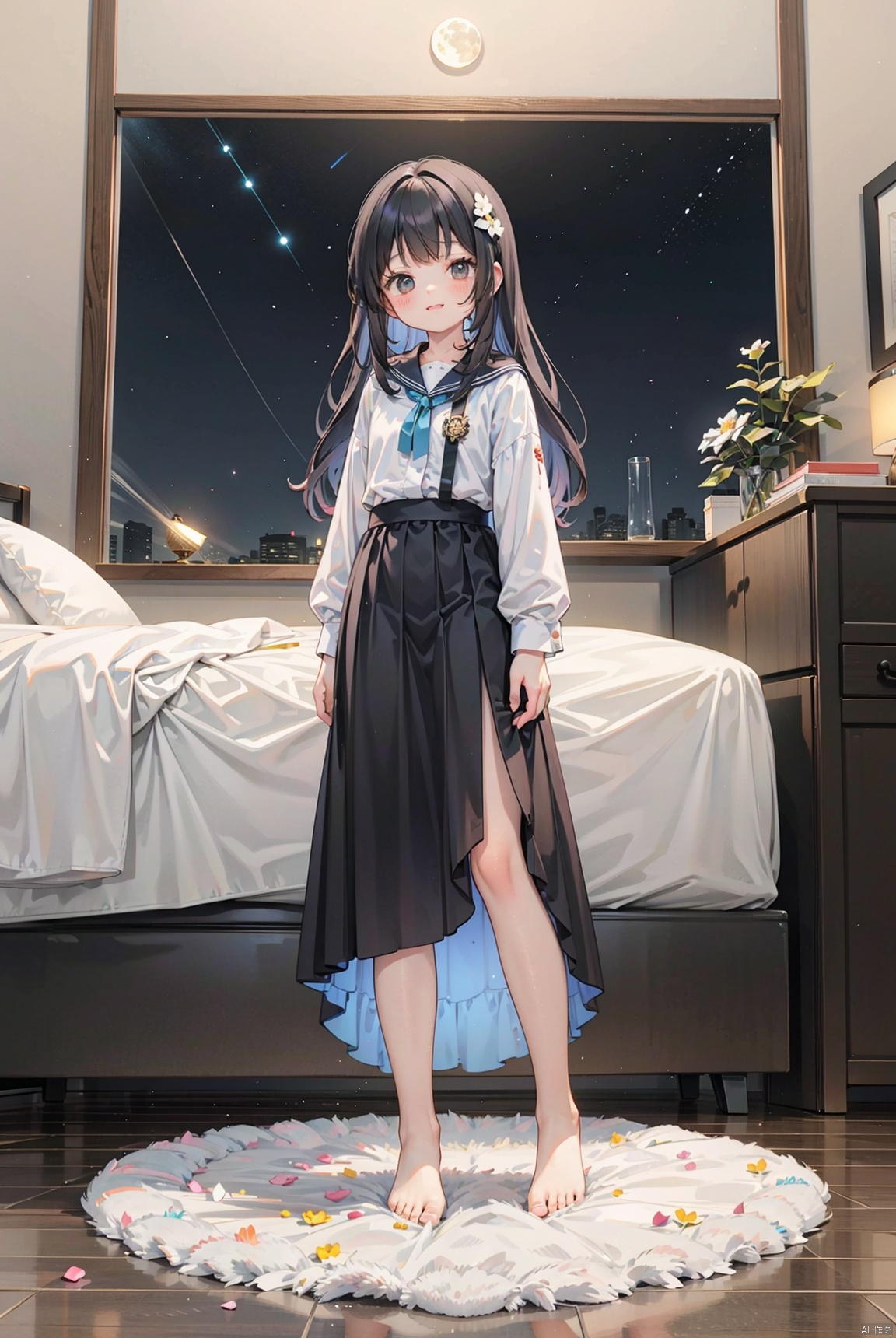  A real person, a happy little girl and Shiba dog watching the moonlight, barefoot, standing on the wooden floor of a cozy bedroom, full body photo, blue mid length skirt, black long hair, with sky, sunset, and sunset, Miyazaki Hayao style, a sad little girl, round face, big eyes, long eyelashes, night sky