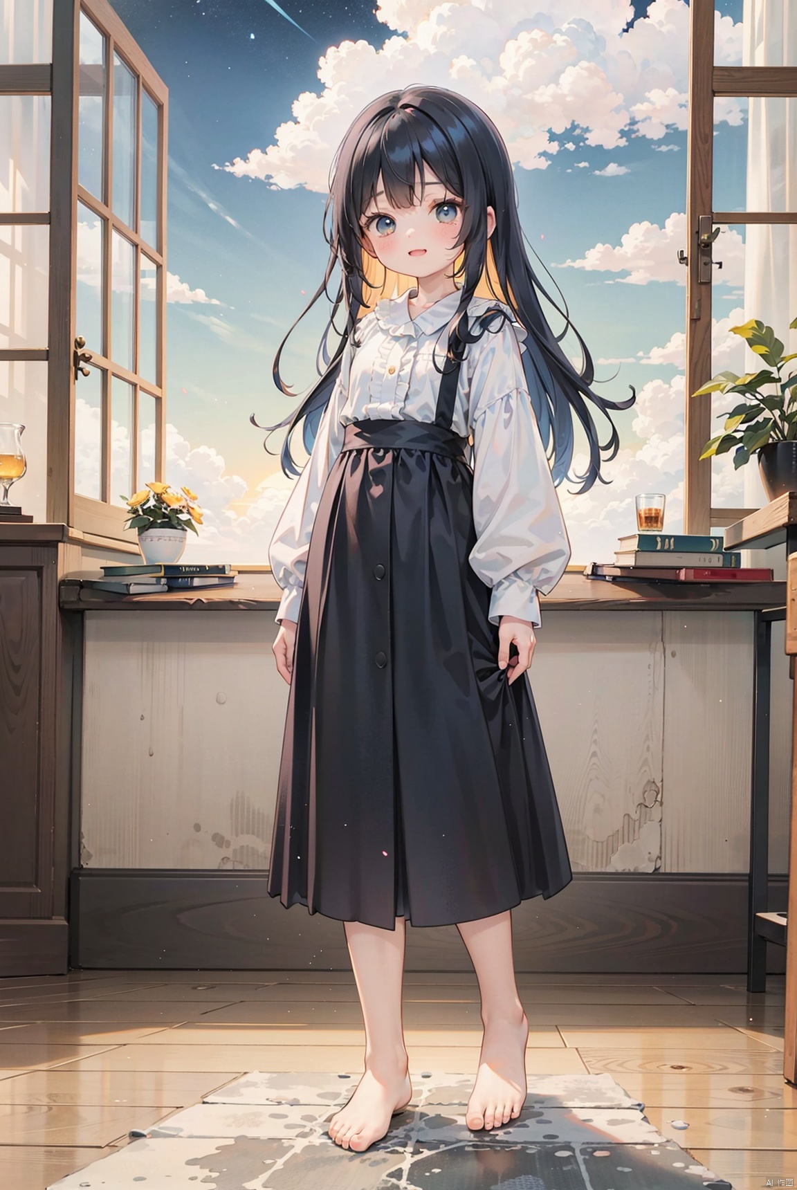  A real person, a happy little girl and Shiba dog watching the moonlight, barefoot, standing on the wooden floor of a cozy bedroom, full body photo, blue mid length skirt, black long hair, with sky, sunset, and sunset, Miyazaki Hayao style, a sad little girl, round face, big eyes, long eyelashes, night sky