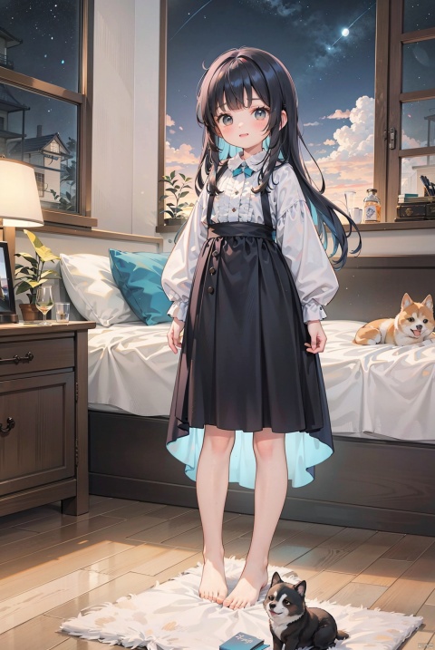  A real person, a happy little girl and Shiba dog watching the moonlight, barefoot, standing on the wooden floor of a cozy bedroom, full body photo, blue mid length skirt, black long hair, with sky, sunset, and sunset, Miyazaki Hayao style, a sad little girl, round face, big eyes, long eyelashes, night sky