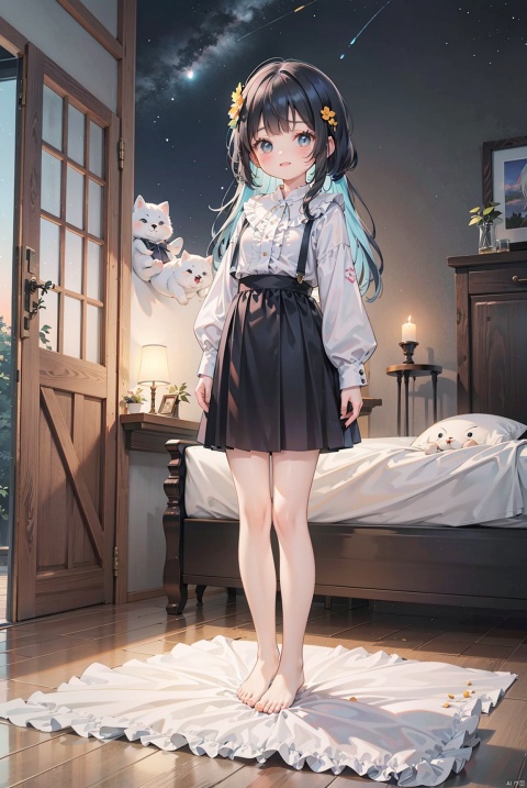  A real person, a happy little girl and Shiba dog watching the moonlight, barefoot, standing on the wooden floor of a cozy bedroom, full body photo, blue mid length skirt, black long hair, with sky, sunset, and sunset, Miyazaki Hayao style, a sad little girl, round face, big eyes, long eyelashes, night sky