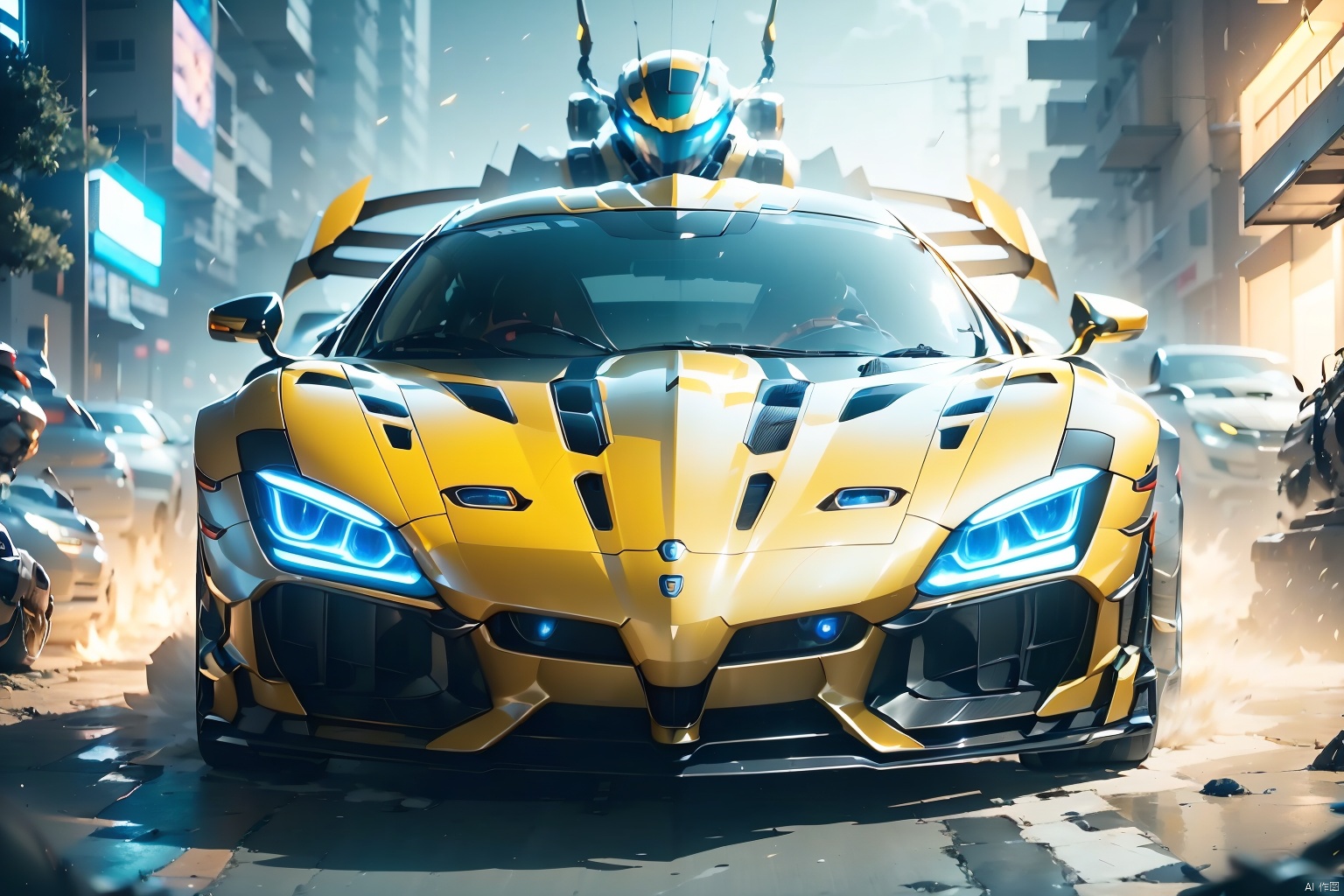  A super sports car, the front of which is facing the camera, has luminous headlights, multi-light sports car, luminous sports car, behind which there is a huge mecha, robot, multi-light mecha, luminous mecha, best quality, masterpiece, 8k, unreal 5 engine rendering.