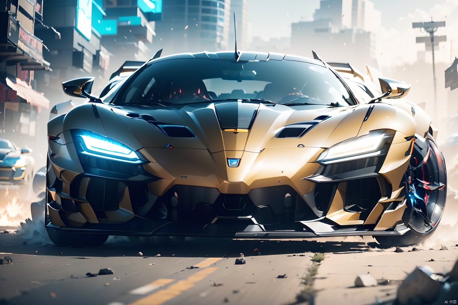  A super sports car, the front of which is facing the camera, has luminous headlights, multi-light sports car, luminous sports car, behind which there is a huge mecha, robot, multi-light mecha, luminous mecha, best quality, masterpiece, 8k, unreal 5 engine rendering.