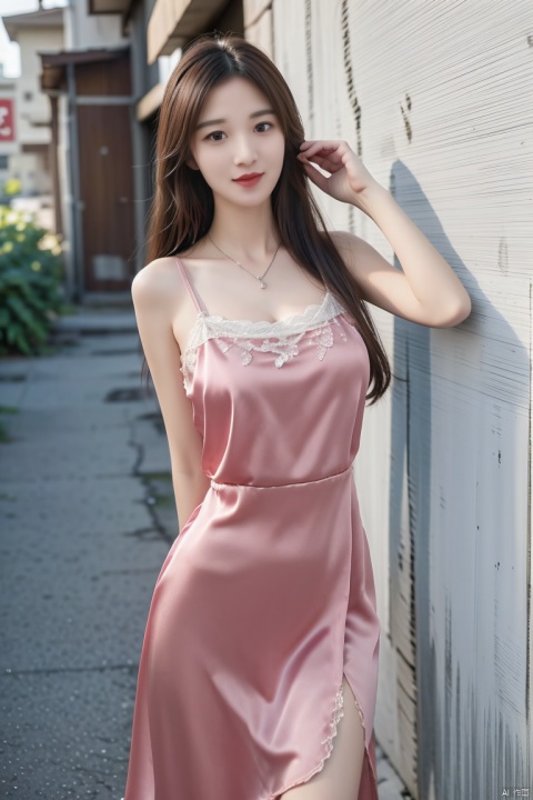 Masterpiece, best picture quality, realistic :1.2, true,8k,HD,long hair,(satin silk sexy lace full dress:1.3),(looking_at_viewer:1.2),
(Lean against the wall:1.2),(Fixing Her Hair:1.2),dilapidated city alley,
(seductive_smile:1.0),necklace
 1 girl, 1 girl,<lora:660447313082219790:1.0>