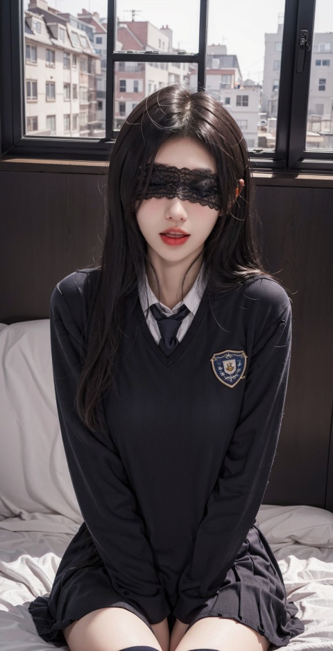  masterpiece,bestquality,realistic,8k,officialart,cinematiclight,ultrahighres,1girl,blindfold,lip–biting,schooluniform,sitting,onbed,armsupport,upperbody,bedroom,jujingyi, tongue out