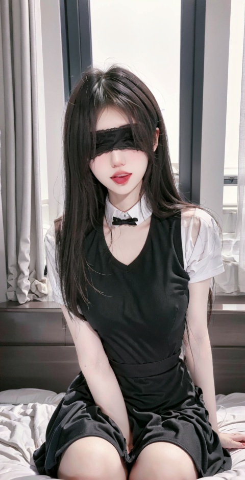  masterpiece,bestquality,realistic,8k,officialart,cinematiclight,ultrahighres,1girl,blindfold,lip–biting,schooluniform,sitting,onbed,armsupport,upperbody,bedroom,jujingyi, tongue out, xiuren1
