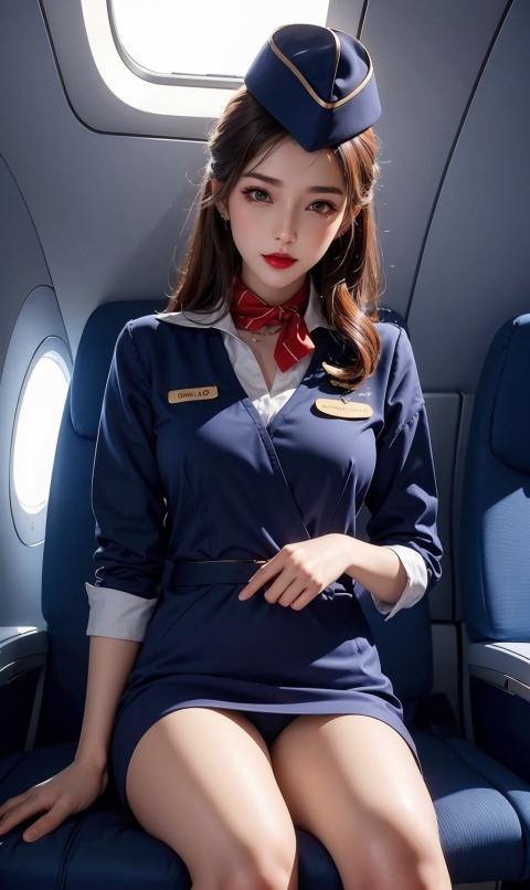 1girl,red lips, hat, stockings,Stewardess