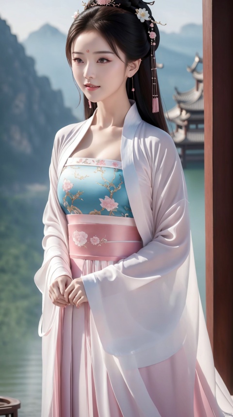  (Best quality, masterpiece, realistic, 4k),A girl, white|pink Chinese style dress,Hanfu,Little Smile,standing,outdoors,lake,