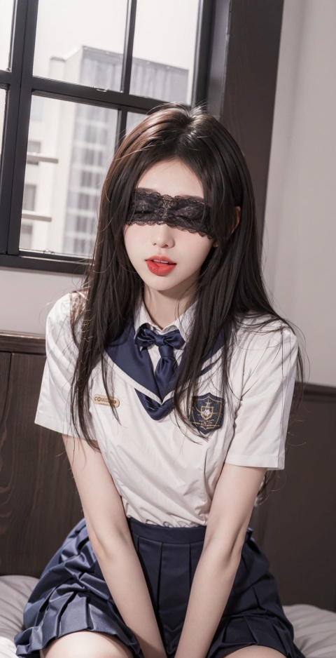  masterpiece,bestquality,realistic,8k,officialart,cinematiclight,ultrahighres,1girl,blindfold,lip–biting,schooluniform,sitting,onbed,armsupport,upperbody,bedroom,jujingyi, tongue out