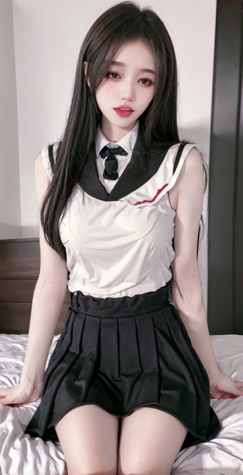  masterpiece,bestquality,realistic,8k,officialart,cinematiclight,ultrahighres,1girl,blindfold,lip–biting,schooluniform,sitting,onbed,armsupport,upperbody,bedroom,jujingyi, tongue out, xiuren1