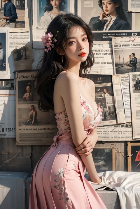  masterpiece, official art, beautiful and aesthetic:1.2, 1girl, A pretty girl, Lovely girl, newspaper background, Newspaper background wall, Lots of newspapers on the wall, Lying on the bedroom bed, Silk stockings, pantylines, Whole body image, Long legs, Long hair fluttering, collarbone, bare shoulders, looking at viewer, **ile, shy, blush, Charming eyes, Red lips, Delicate and gorgeous, Transparent clothes, See the chest through the clothes, Clothes like yarn, Tulle-like clothes, Skirt, Short transparent skirt, Broken flower skirt, Miniskirt, Leaking half of the ass, pencil skirt, Fine clothes, newspaper, Medium chest, covered nipples, Cleavage, cleavage cutout, Three-dimensional facial features, Exquisite features, The proportion is correct, (Delicate portrayal of facial features), Exquisite hair depiction, Carefully portray the face, (exquisite eye portrayal), Fingers are carefully carved, Clear face, Perfect body curves, Ultra clear resolution, Highly detailed, 8k wallpaper, More details, The best quality, Light and shadow tracking, Rich in details, Virtual modeling, masterpiece, High score efficiency, Whole body image, Reali**, 3D, best quality, super detail, UHD, high details, High quality, textured skin, best quality, anatomically correct, 8k,sc