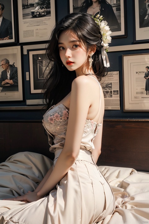  masterpiece, official art, beautiful and aesthetic:1.2, 1girl, A pretty girl, Lovely girl, newspaper background, Newspaper background wall, Lots of newspapers on the wall, Lying on the bedroom bed, Silk stockings, pantylines, Whole body image, Long legs, Long hair fluttering, collarbone, bare shoulders, looking at viewer, **ile, shy, blush, Charming eyes, Red lips, Delicate and gorgeous, Transparent clothes, See the chest through the clothes, Clothes like yarn, Tulle-like clothes, Skirt, Short transparent skirt, Broken flower skirt, Miniskirt, Leaking half of the ass, pencil skirt, Fine clothes, newspaper, Medium chest, covered nipples, Cleavage, cleavage cutout, Three-dimensional facial features, Exquisite features, The proportion is correct, (Delicate portrayal of facial features), Exquisite hair depiction, Carefully portray the face, (exquisite eye portrayal), Fingers are carefully carved, Clear face, Perfect body curves, Ultra clear resolution, Highly detailed, 8k wallpaper, More details, The best quality, Light and shadow tracking, Rich in details, Virtual modeling, masterpiece, High score efficiency, Whole body image, Reali**, 3D, best quality, super detail, UHD, high details, High quality, textured skin, best quality, anatomically correct, 8k,sc