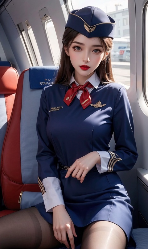  1girl,red lips, hat, stockings,Stewardess