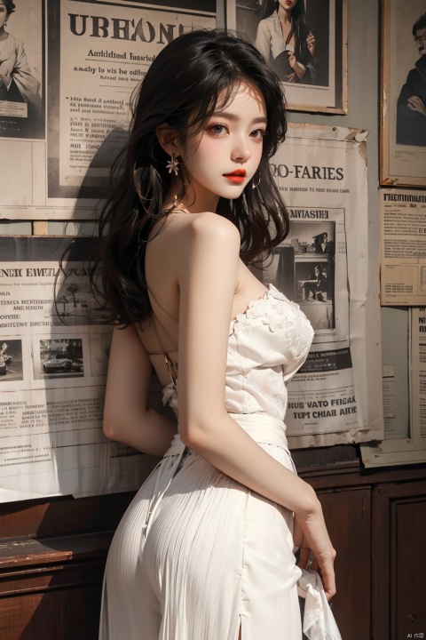  masterpiece, official art, beautiful and aesthetic:1.2, 1girl, A pretty girl, Lovely girl, newspaper background, Newspaper background wall, Lots of newspapers on the wall, Lying on the bedroom bed, Silk stockings, pantylines, Whole body image, Long legs, Long hair fluttering, collarbone, bare shoulders, looking at viewer, **ile, shy, blush, Charming eyes, Red lips, Delicate and gorgeous, Transparent clothes, See the chest through the clothes, Clothes like yarn, Tulle-like clothes, Skirt, Short transparent skirt, Broken flower skirt, Miniskirt, Leaking half of the ass, pencil skirt, Fine clothes, newspaper, Medium chest, covered nipples, Cleavage, cleavage cutout, Three-dimensional facial features, Exquisite features, The proportion is correct, (Delicate portrayal of facial features), Exquisite hair depiction, Carefully portray the face, (exquisite eye portrayal), Fingers are carefully carved, Clear face, Perfect body curves, Ultra clear resolution, Highly detailed, 8k wallpaper, More details, The best quality, Light and shadow tracking, Rich in details, Virtual modeling, masterpiece, High score efficiency, Whole body image, Reali**, 3D, best quality, super detail, UHD, high details, High quality, textured skin, best quality, anatomically correct, 8k,sc