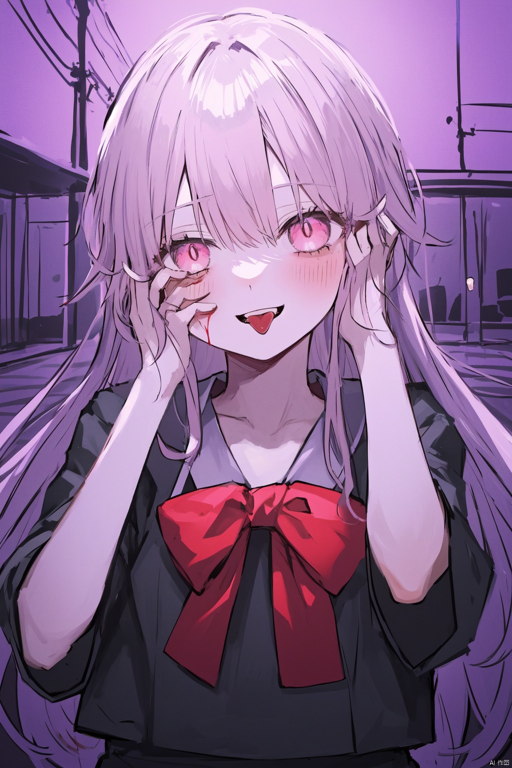  Knives, blood, a terrifying atmosphere,
Sitting on my body,Japanese sailor school uniform, blood, lust, tongue sticking out, desire, ax, smile, morbidity, mental illness, gasai yuno。1girl, solo, looking at viewer, blush, open mouth, upper body, pink eyes, parody, glowing eyes, hands on own face, pink theme, purple theme, yandere, hands on own cheeks